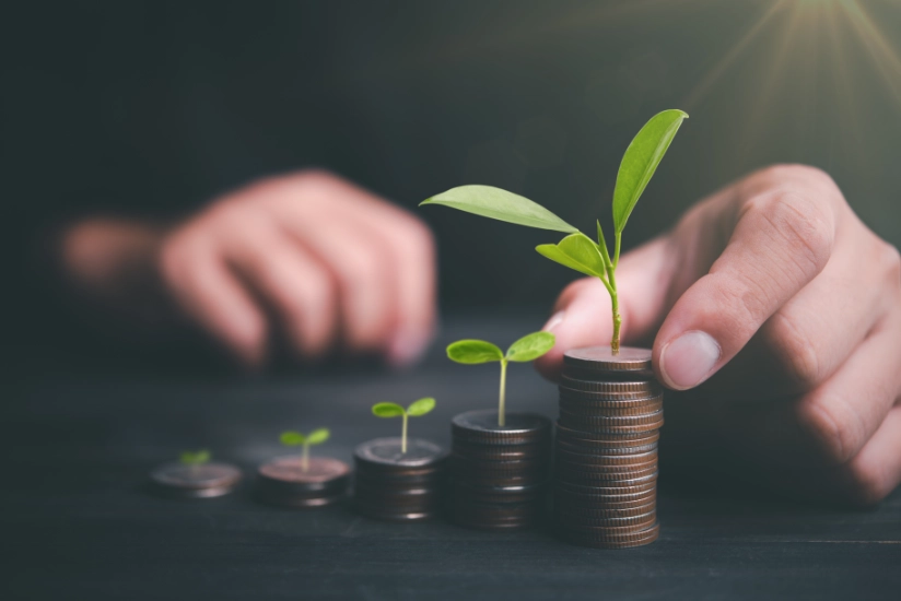 Investor hand with coin and plant growing putting coins to stacking for money saving profit and business investment growth concept.