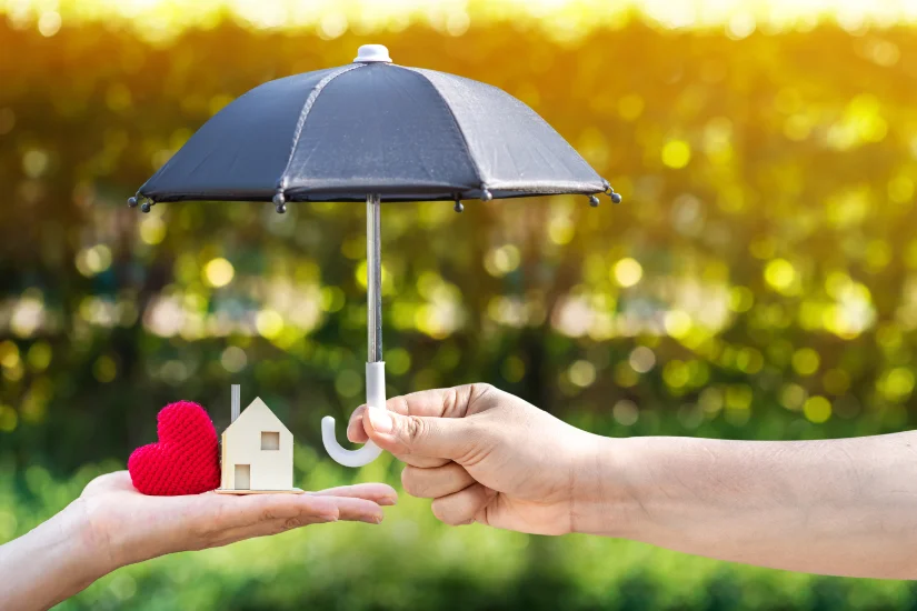 Woman and man hand hold a home model and red heart and open the black umbrella for protect on sunlight in the public park, Saving money for real estate and property protection concept.